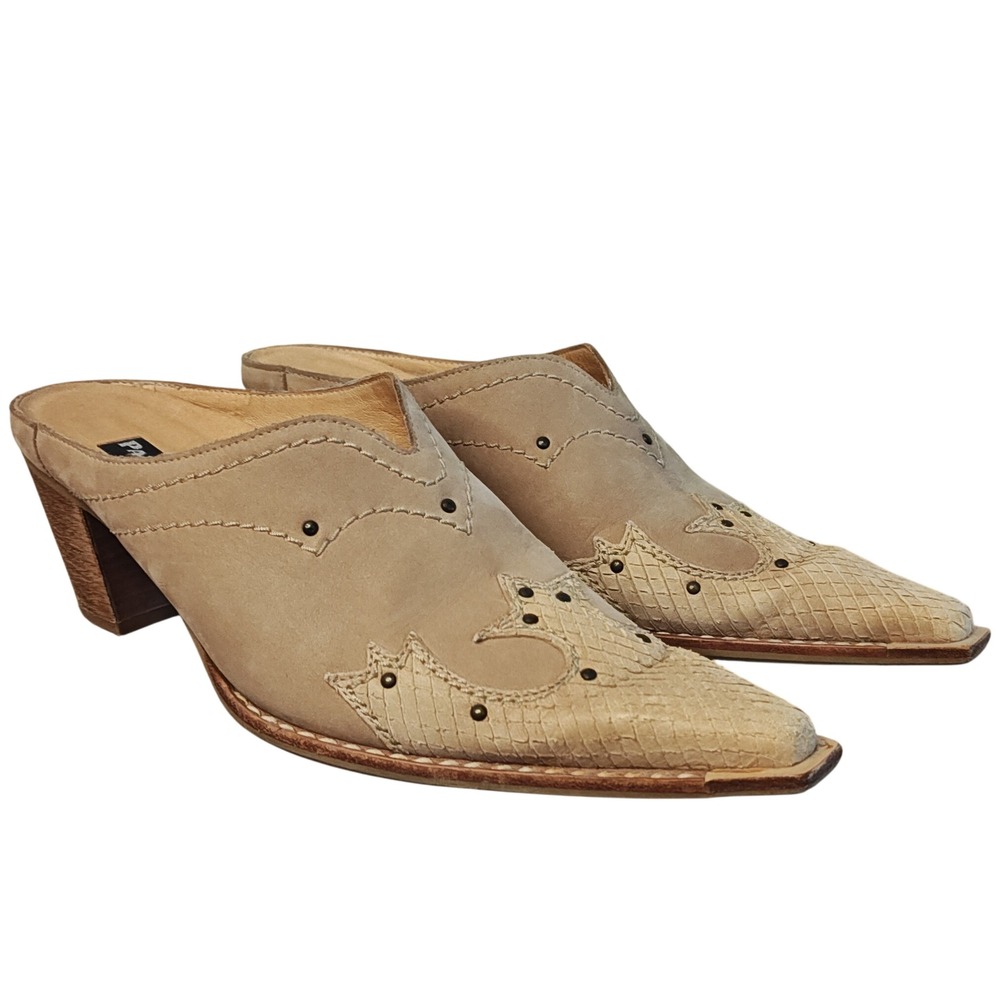 Paul Green Western Mules Women US 7 UK 4.5 Tan Leather Studded Pointed Toe Block